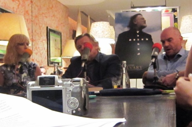 Brendan Gleeson, Kelly Reilly and John Michael McDonagh at the New York press day from "Calvary" at the Crosby Street Hotel, July 25, 2014. Photo copyright 2014 Jay S. Jacobs.