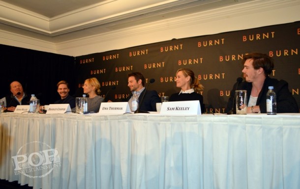 Mario Batali, Daniel Brühl, Sienna Miller, Bradley Cooper, Uma Thurman and Sam Keeley at the New York press conference for Burnt. Photo ©2015 Jay S. Jacobs.  All rights reserved.