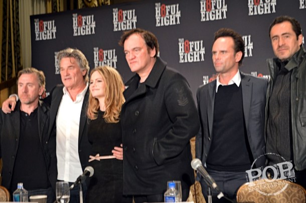Tim Roth, Kurt Russell, Jennifer Jason Leigh, Quentin Tarantino, Walton Goggins and Demian Bichir at the New York Press Conference for "The Hateful Eight." Photo copyright 2015 Jay S. Jacobs.