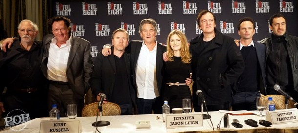Bruce Dern, Michal Madsen, Tim Roth, Kurt Russell, Jennifer Jason Leigh, Quentin Tarantino, Walton Goggins and Demian Bichir at the New York Press Conference for "The Hateful Eight." Photo copyright 2015 Brad Balfour.