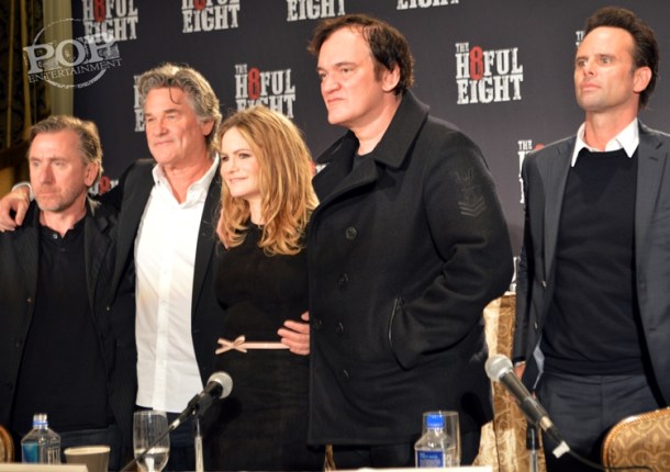 Tim Roth, Kurt Russell, Jennifer Jason Leigh, Quentin Tarantino, Walton Goggins and Demian Bichir at the New York Press Conference for "The Hateful Eight." Photo copyright 2015 Jay S. Jacobs.