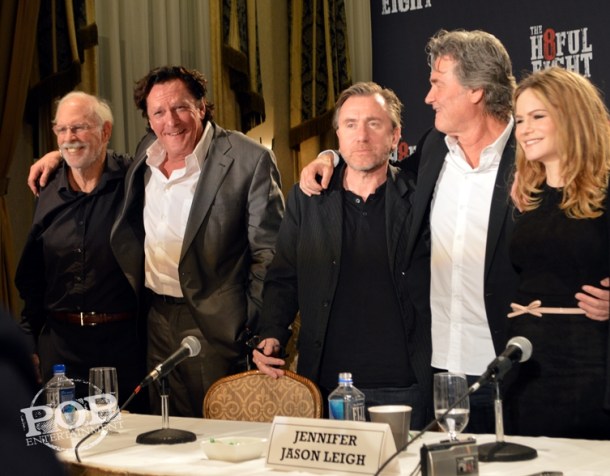 Bruce Dern, Michael Madsen, Tim Roth, Kurt Russell and Jennifer Jason Leigh at the New York Press Conference for "The Hateful Eight." Photo copyright 2015 Jay S. Jacobs.