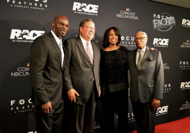 Olympic medalist  Anthuan Maybank, Comcast Exec David L. Cohen, Jesse Owens' granddaughter Gina Strachan and Olympic medalist Herb Douglas at the Philadelphia premiere of Race at the Prince Music Theater - February 18, 2016.  Photo ©2016 Deborah Wagner.