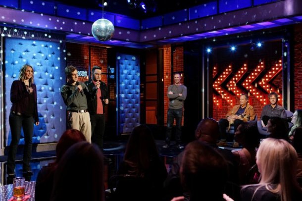 FIRST IMPRESSIONS -- "Jon Lovitz" Episode 102 -- Pictured: (l-r) Amy Phillips, Ryan Goldsher, Frank Garcia-Hejl, Freddie Prinze Jr., Jon Lovitz, Dana Carvey -- (Photo by: Joseph Viles/USA Network)