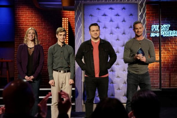 FIRST IMPRESSIONS -- "Jon Lovitz" Episode 102 -- Pictured: (l-r) Amy Phillips, Ryan Goldsher, Frank Garcia-Hejl, Freddie Prinze Jr. -- (Photo by: Joseph Viles/USA Network)