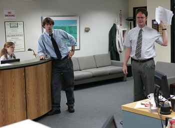 Jenna Fisher, John Krasinski and Rainn Wilson in "The Office."