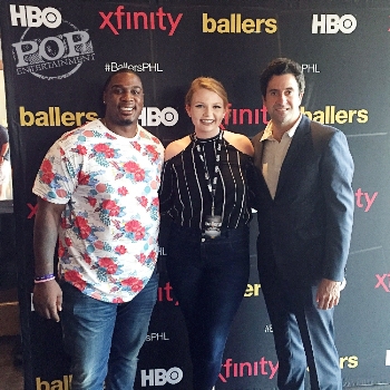 Troy Garity, Jason Donovan and PopEntertainment.com's Maggie Mitchell at the Philadelphia premiere of Ballers.