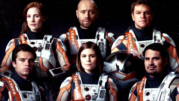 Sebastian Stan, Jessica Chastain, Aksel Hennie, Kate Mara, Matt Damon and Michael Pena (l to r) in "The Martian."