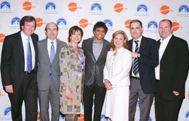 NEW YORK - JUNE 10: [L-R] CFO Viacom  Tom Dooley, CEO Viacom Inc. Philipe Dauman, President  Nickelodeon & Viacom Consumer Products Leigh Anne Brodsky, Director M. Night Shyamalan, President Nickelodeon/MTVN Kids and Family Group  Cyma Zarghami, President, Paramount Pictures John Lesher, Vice Chairman Paramount Pictures Rob Moore, pose together during the 2008 Licensing International Expo at the Jacob Javits Convention Center June 10, 2008 in New York.  (Photo by Matthew Peyton/Getty Images)