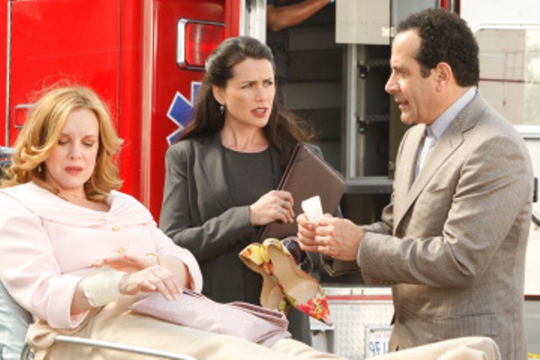 MONK -- "Mr.Monk's Favorite Show" Episode 8001 -- Pictured: (l-r) Elizabeth Perkins as Christine Rapp, Rena Sofer as Kim Kelly, Tony Shalhoub as Adrian Monk -- USA Network Photo: Vivian Zink