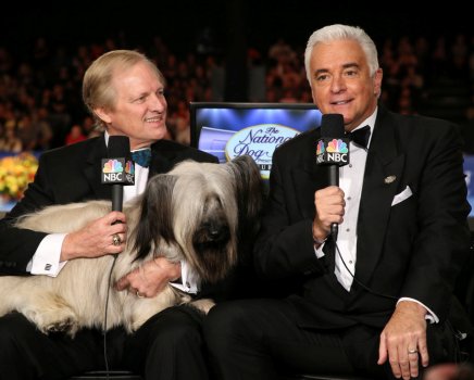 THE NATIONAL DOG SHOW PRESENTED BY PURINA -- 2016 -- Pictured: (l-r) Host David Frei, 2015 Best in Show winner Good Time Charlie the Skye Terrier, Host John O'Hurley -- (Photo by: Bill McCay/NBC)