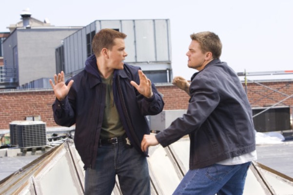 MATT DAMON and LEONARDO DiCAPRIO star in THE DEPARTED.