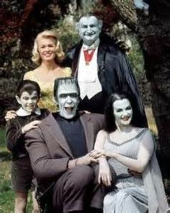 The Munsters cast: (l. to r.:) Butch Patrick, Pat Priest, Fred Gwynne, Al Lewis and Yvonne DeCarlo.