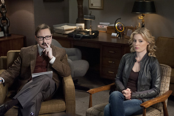 COMMUNITY -- "Curriculum Unavailable" Episode 319 -- Pictured: (l-r) John Hodgman as Dr. David Heidi, Gillian Jacobs as Britta -- Photo by: Lewis Jacobs/NBC