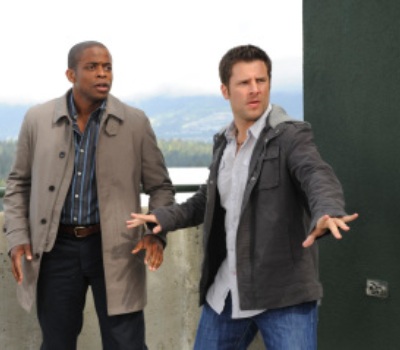 PSYCH -- "Extradition BC" Episode 4002 -- Pictured: (l-r) James Roday as Shawn Spencer, Dule Hill as Gus Guster -- USA Network Photo: Alan Zenuk