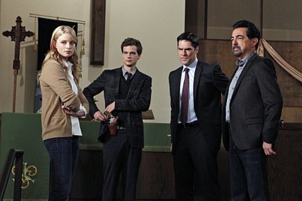Rachel Nichols, Michael Gray Gubler, Thomas Gibson and Joe Mantegna in "Criminal Minds."