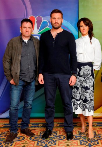 NBCUNIVERSAL EVENTS — NBCUniversal Press Tour, January 2017 — NBC’s “Taken” — Pictured: (l-r) Alex Cary, Executive Producer; Clive Standen, and Jennifer Beals — (Photo by: Paul Drinkwater/NBC)
